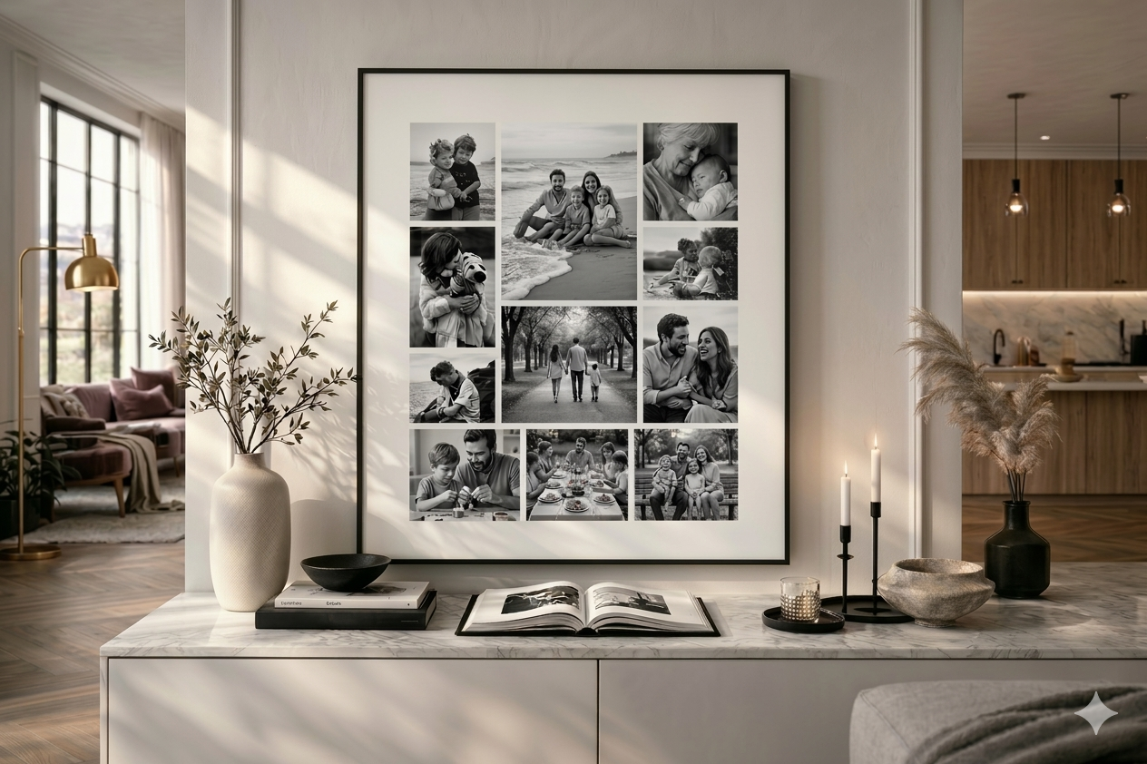 Warm living room with a curated arrangement of family portraits and travel prints displayed on the wall above a cream sofa, in a Warm and Organic style