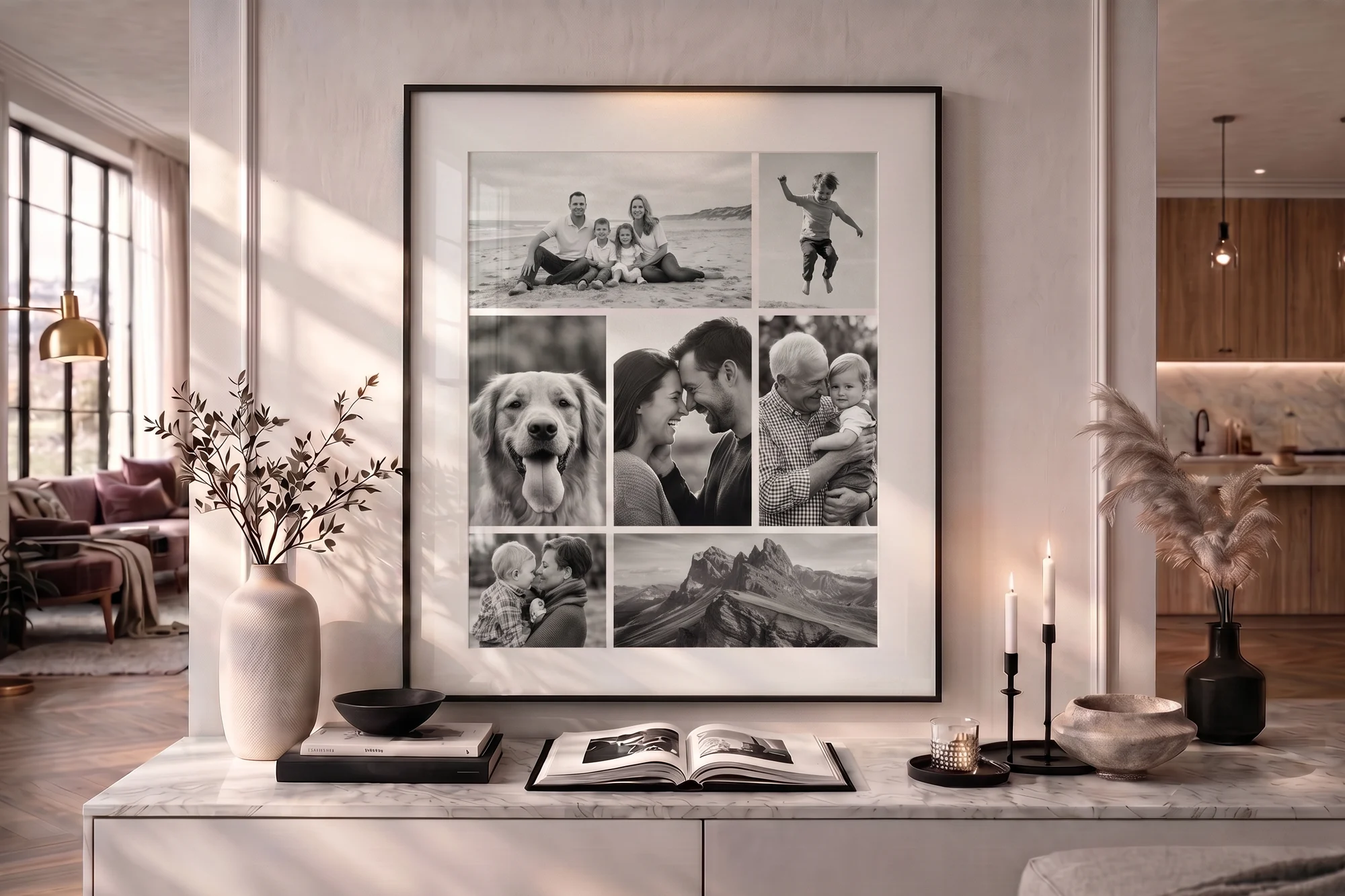 Warm, sunlit living room with a large framed black-and-white family photo collage displayed on the wall above a marble sideboard, beside a cream sofa
