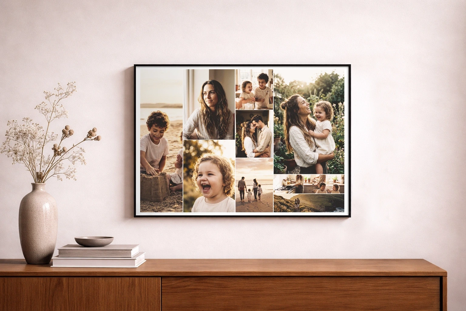 Framed Editorial collage of family memories on a warm living-room wall