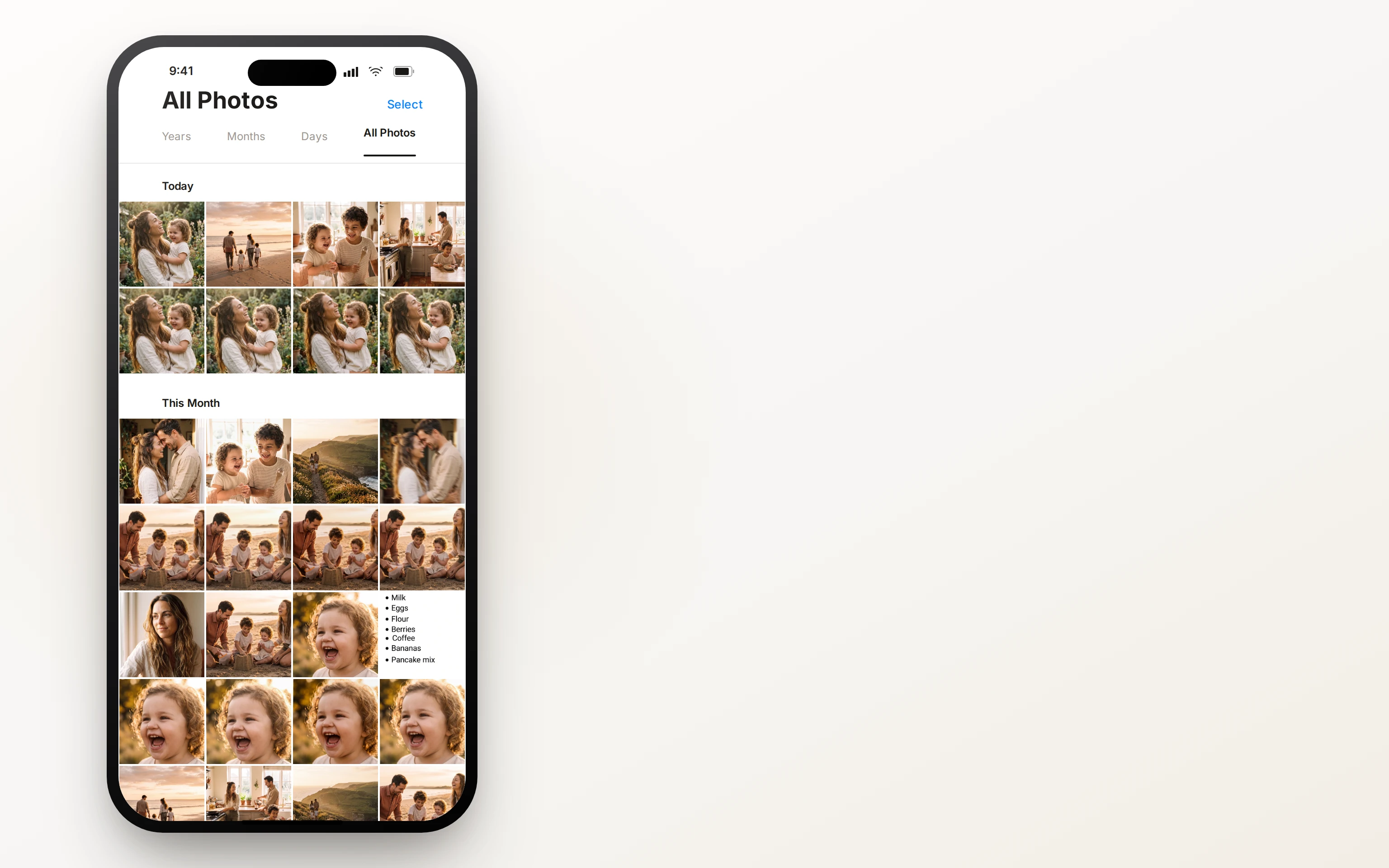 Cluttered camera-roll grid of unedited family snapshots